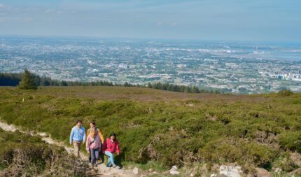 A family hikes together on a scenic trail overlooking a sprawling city view on a sunny day.